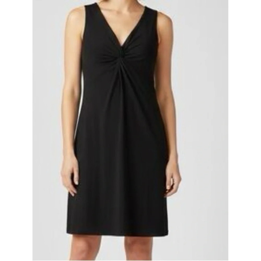Eileen Fisher Dress Twist Neck Black Sz 1X Minimalist Preppy Lightweight Stretch